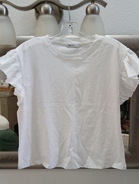 Zara White Ruffle Sleeve Short Sleeve Tee
